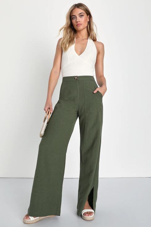 Lulus Pants - Lulus Jet Stream Olive Green High-Waisted Wide-Leg Pants Slit Hem Linen Blend Sm
